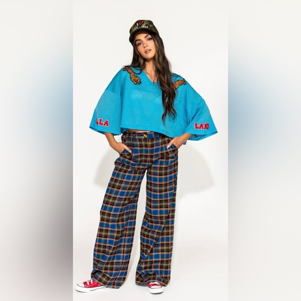 Dressed in LALA GILF Wide Leg Trousers in Blue + Brown - Picture 2 of 4